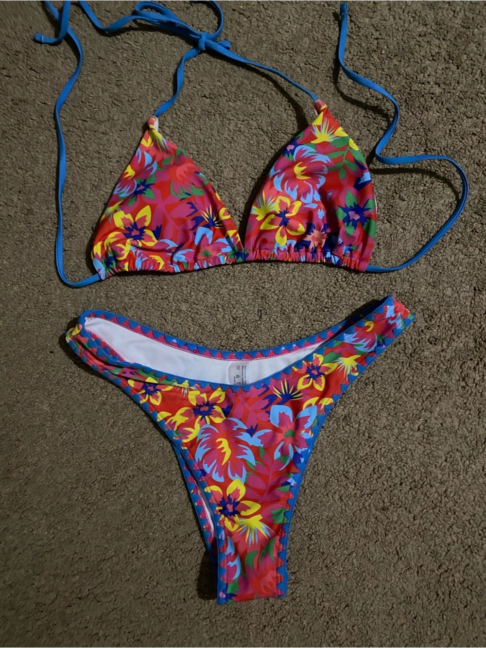 SHEIN Red Floral Triangle Bikini with Blue Trim